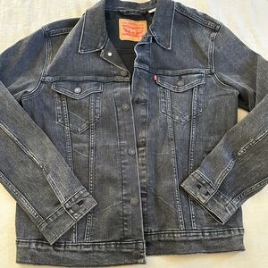 Levi’s dark denim jacket, lightly distressed